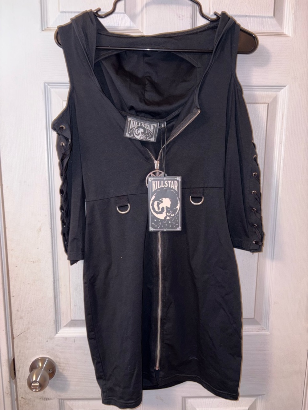 Killstar Black Hooded Zip Dress with Crescent Cat Graphic
